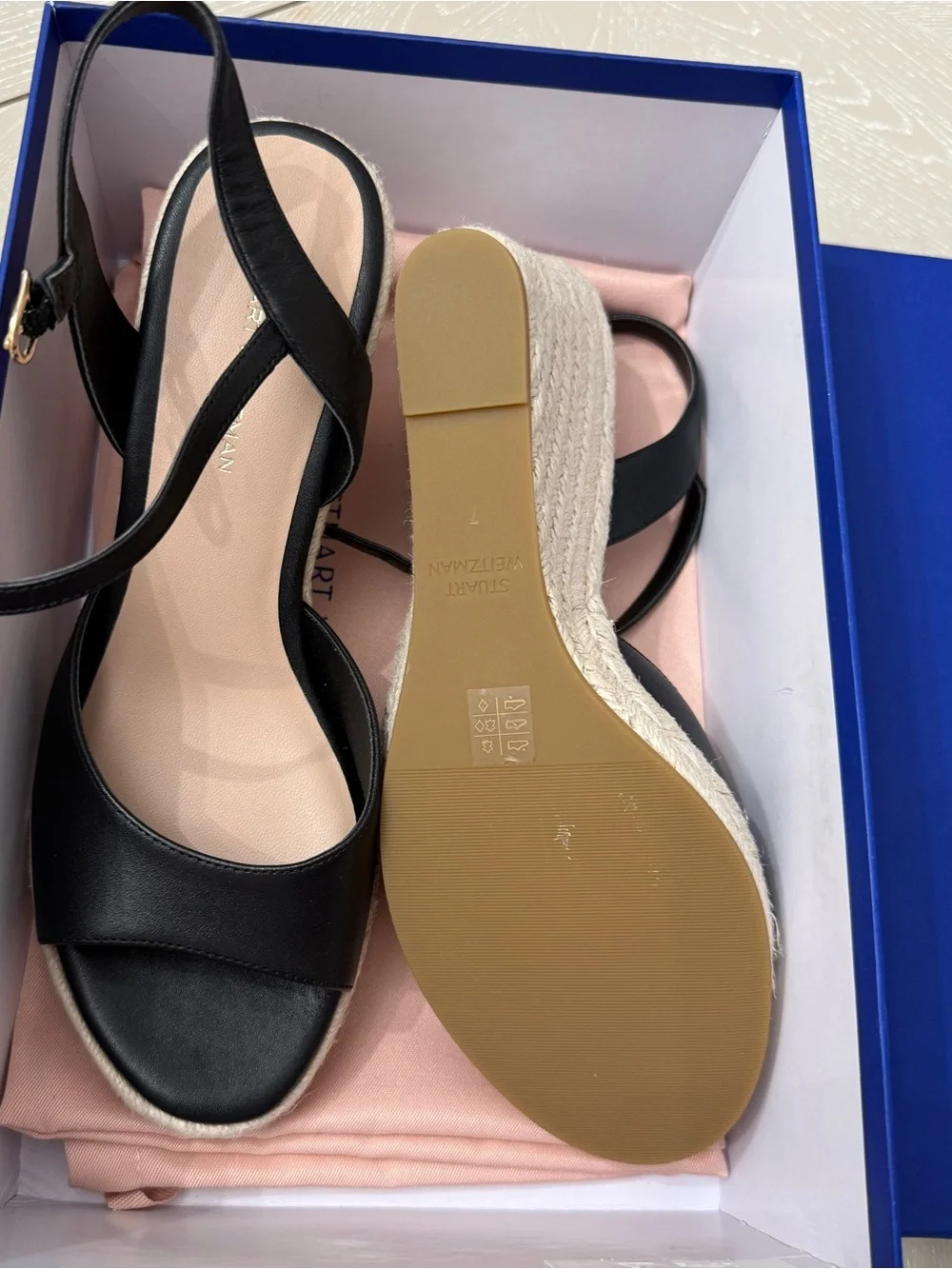 Stuart Weitzman Black Leather Espadrille Slingback Sandals with Tan Jute Sole